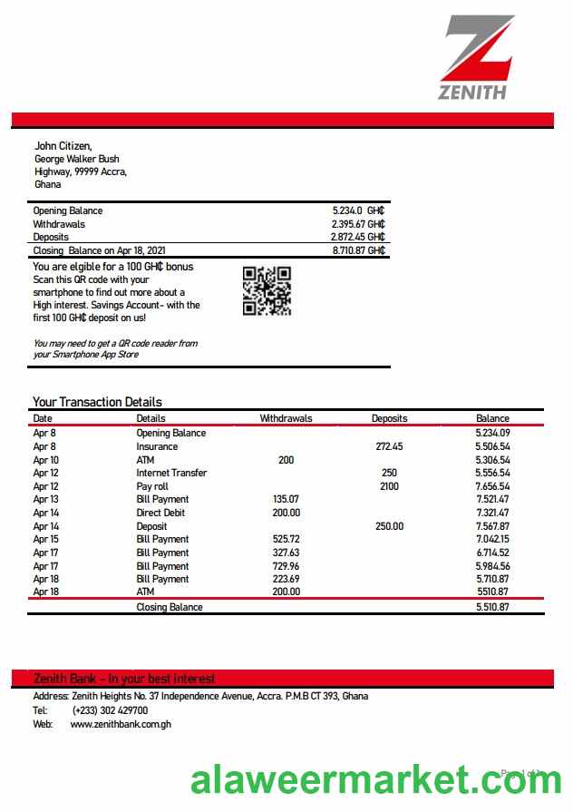 Ghana Zenith proof of address bank statement